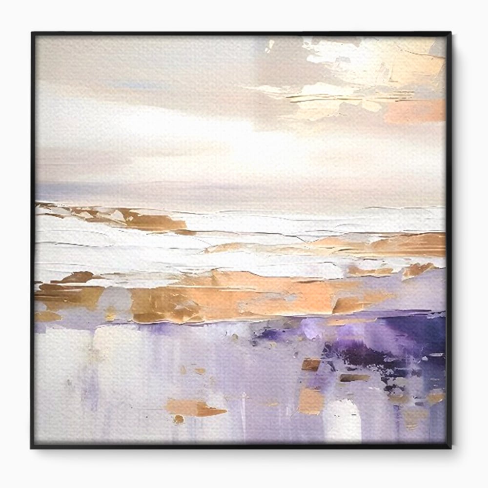 Tablou canvas cu pictura abstracta cu valuri si cer pastelat, in rama de aluminiu negru