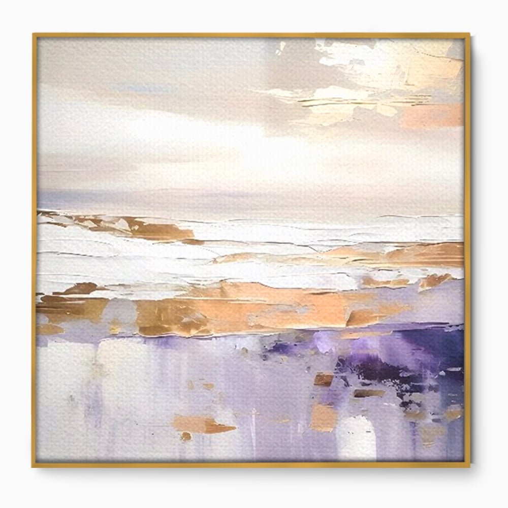 Tablou canvas cu pictura abstracta cu valuri si cer pastelat, in rama de aluminiu auriu