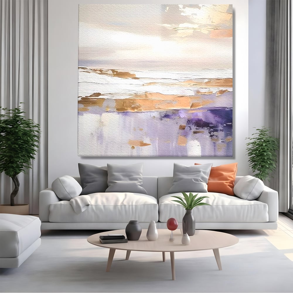 Tablou canvas cu pictura abstracta cu valuri si cer pastelat, fara rama, pe sasiu de lemn, pe perete intr-un living