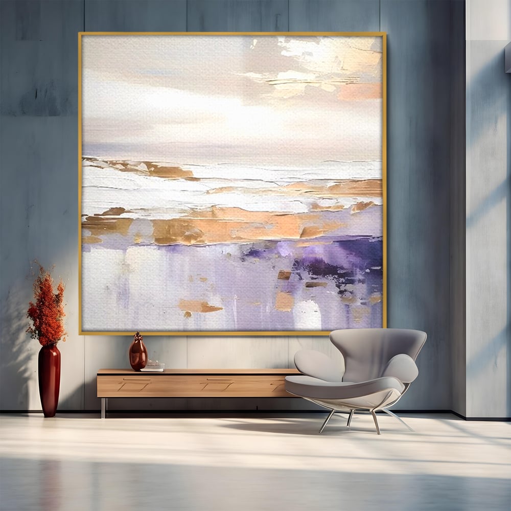 Tablou canvas cu pictura abstracta cu valuri si cer pastelat, in rama de aluminiu auriu