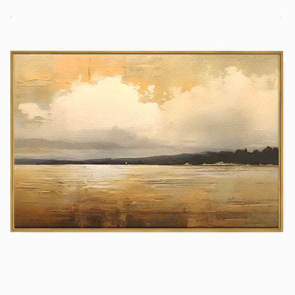 Tablou canvas cu pictura orizontala cu apus pe lac, in rama de aluminiu auriu