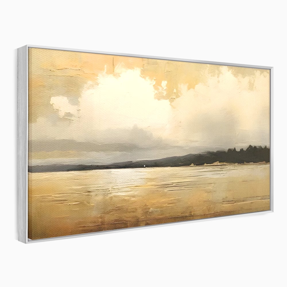 Tablou canvas cu pictura orizontala cu apus pe lac, in rama de aluminiu argintiu