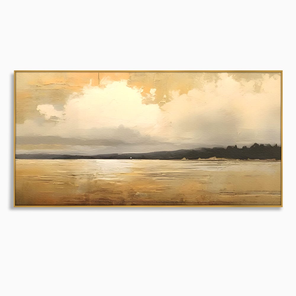 Tablou canvas cu pictura orizontala cu apus pe lac, in rama de aluminiu auriu