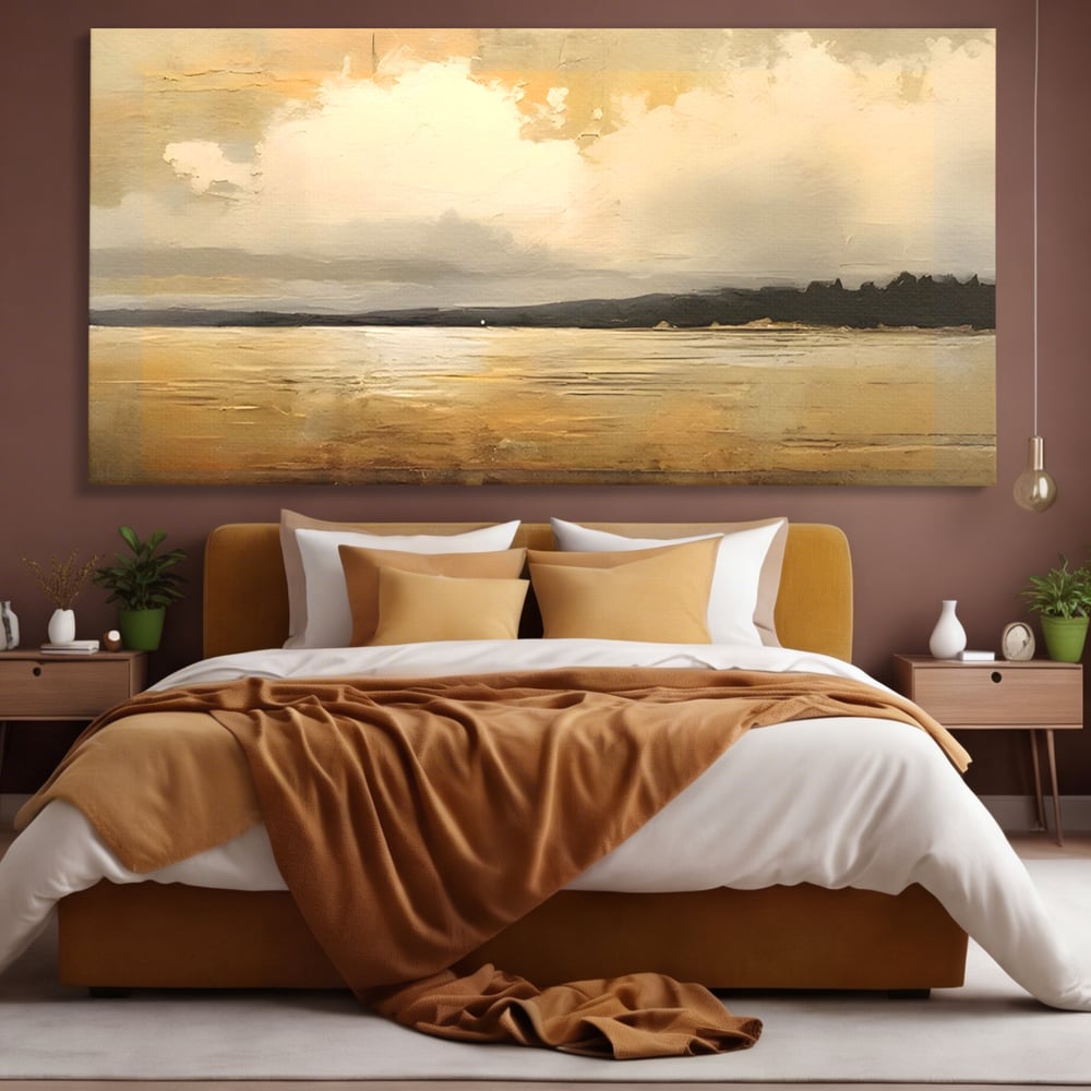 Tablou canvas cu pictura orizontala cu apus pe lac, fara rama, pe sasiu de lemn, pe perete intr-un dormitor
