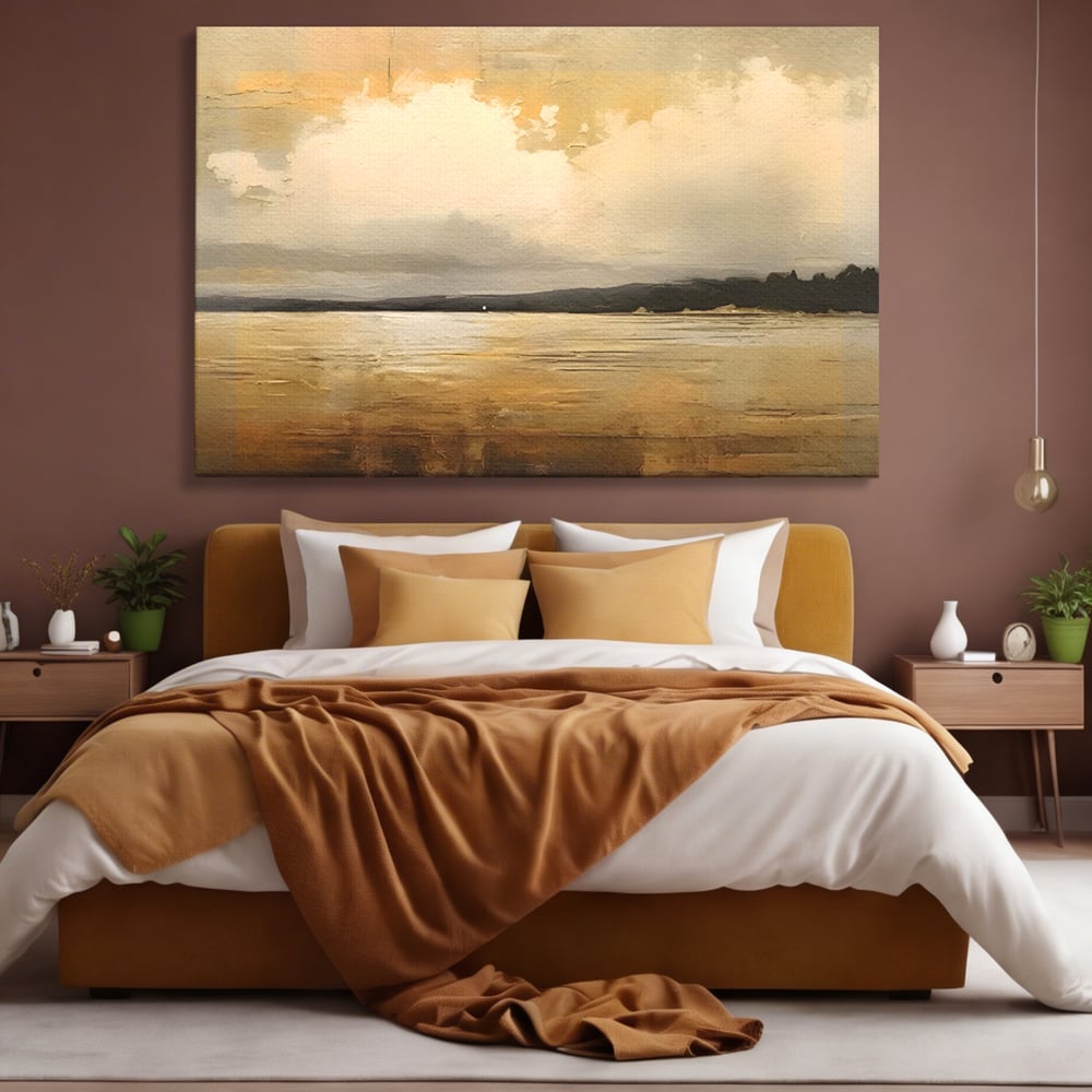 Tablou canvas cu pictura orizontala cu apus pe lac, fara rama, pe sasiu de lemn, pe perete intr-un dormitor