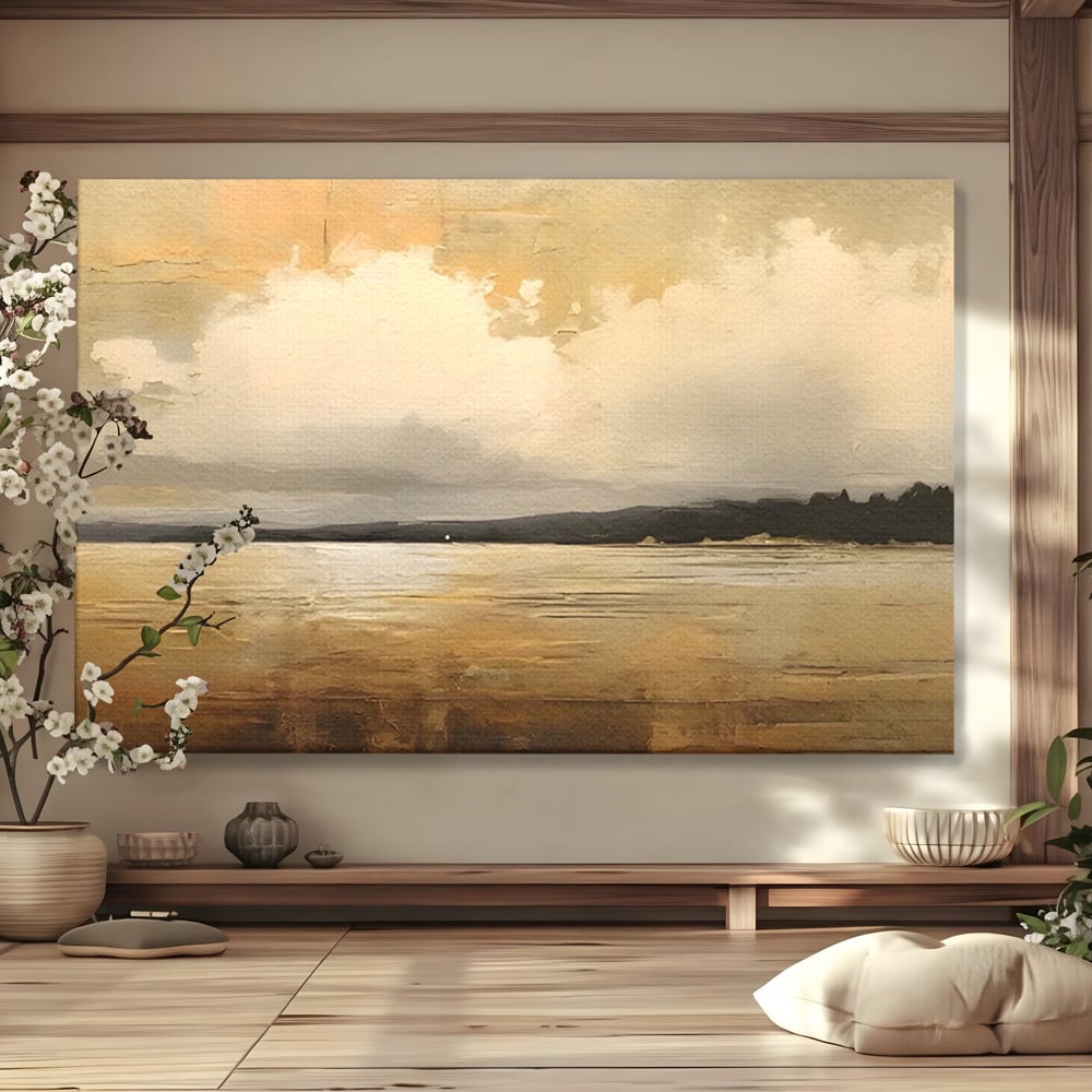 Tablou canvas cu pictura orizontala cu apus pe lac, fara rama, pe sasiu de lemn