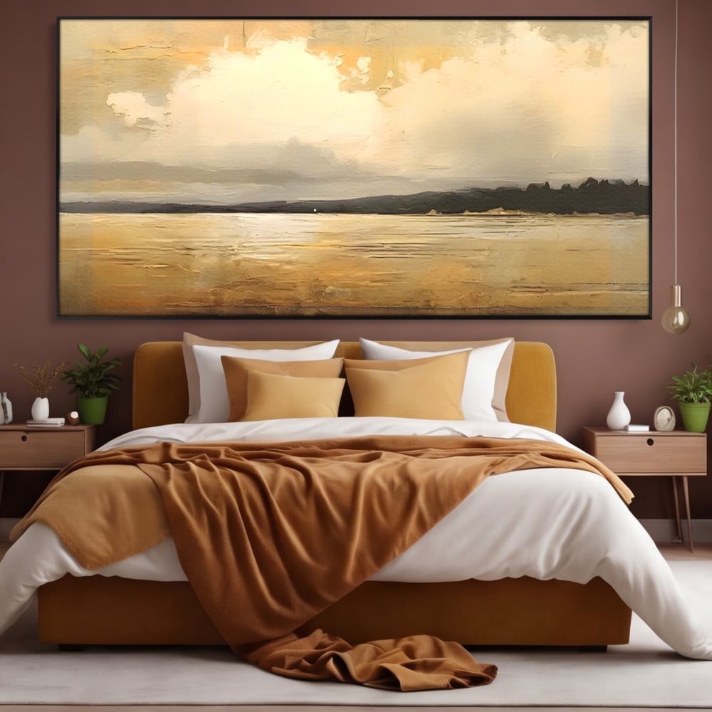Tablou canvas cu pictura orizontala cu apus pe lac, in rama de aluminiu negru, pe perete intr-un dormitor
