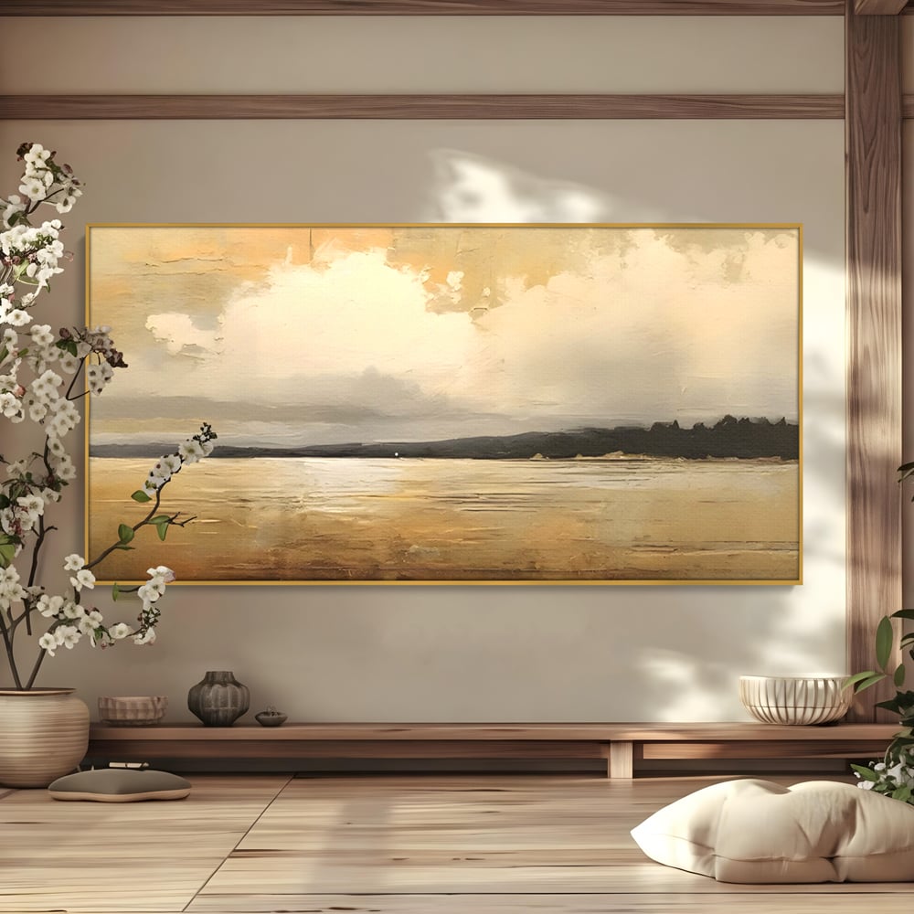 Tablou canvas cu pictura orizontala cu apus pe lac, in rama de aluminiu auriu