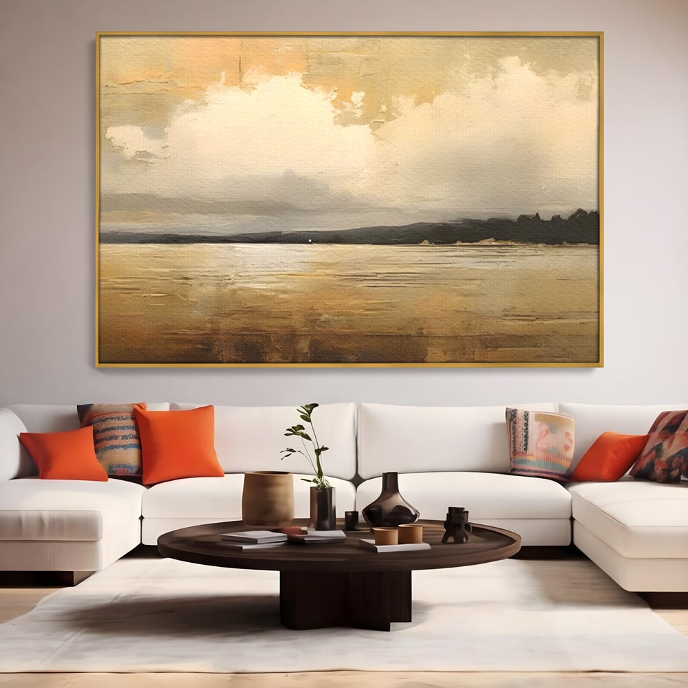 Tablou canvas cu pictura orizontala cu apus pe lac, in rama de aluminiu auriu, pe perete intr-un living