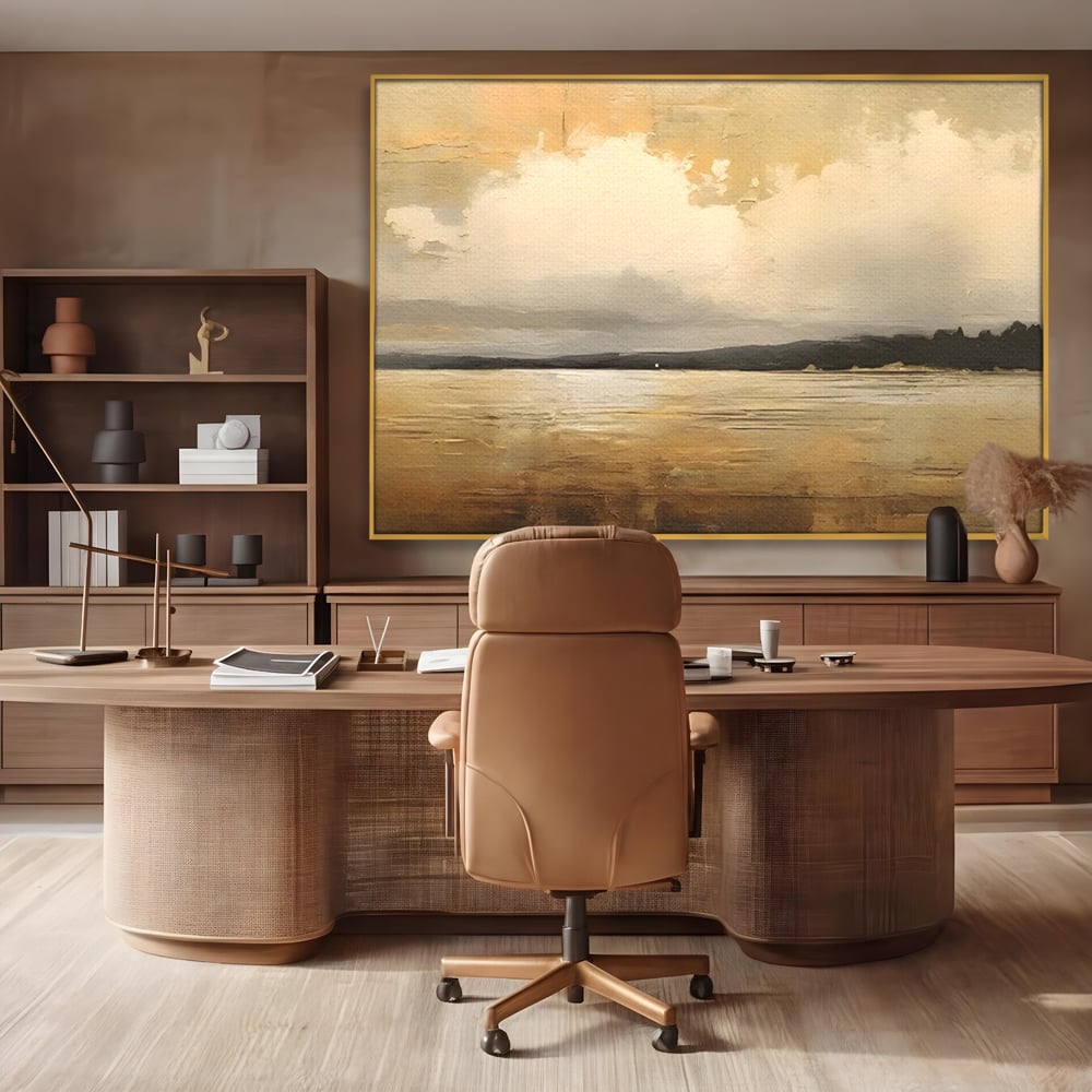 Tablou canvas cu pictura orizontala cu apus pe lac, in rama de aluminiu auriu, pe perete intr-un birou