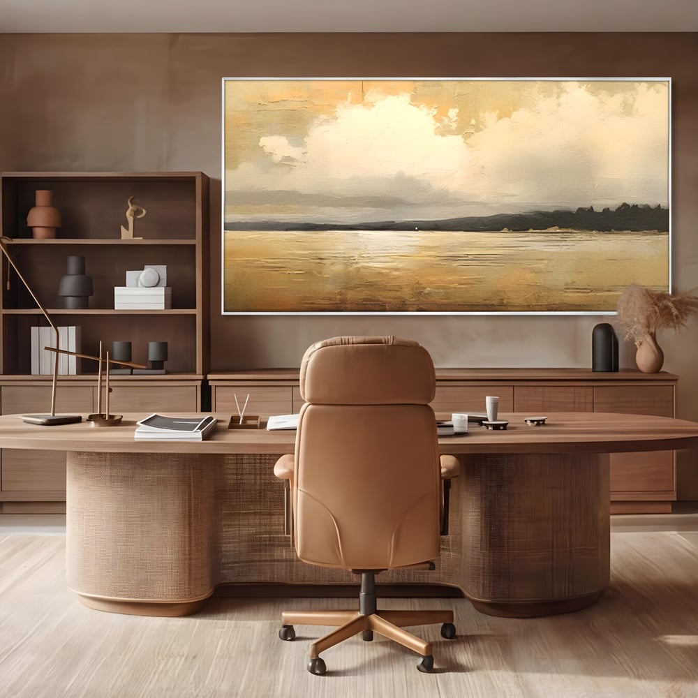 Tablou canvas cu pictura orizontala cu apus pe lac, in rama de aluminiu argintiu, pe perete intr-un birou