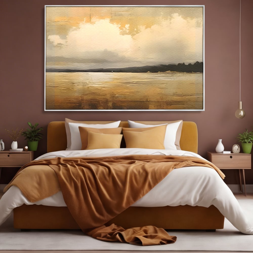 Tablou canvas cu pictura orizontala cu apus pe lac, in rama de aluminiu argintiu, pe perete intr-un dormitor