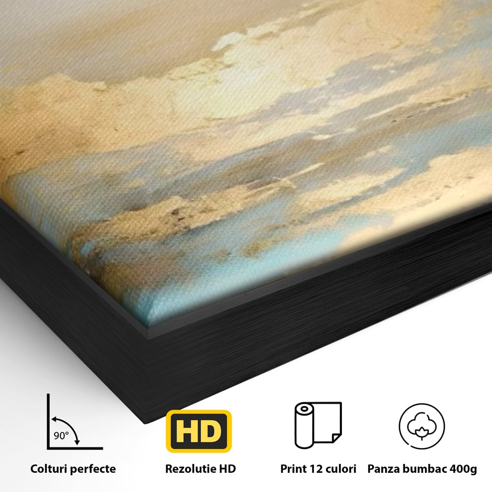 Detaliu al suprafetei: tablou canvas cu peisaj marin abstract, in rama de aluminiu negru