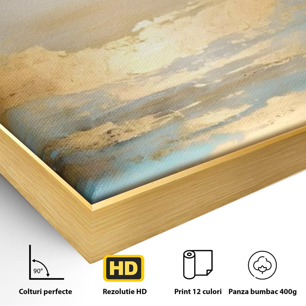 Detaliu al suprafetei: tablou canvas cu peisaj marin abstract, in rama de aluminiu auriu
