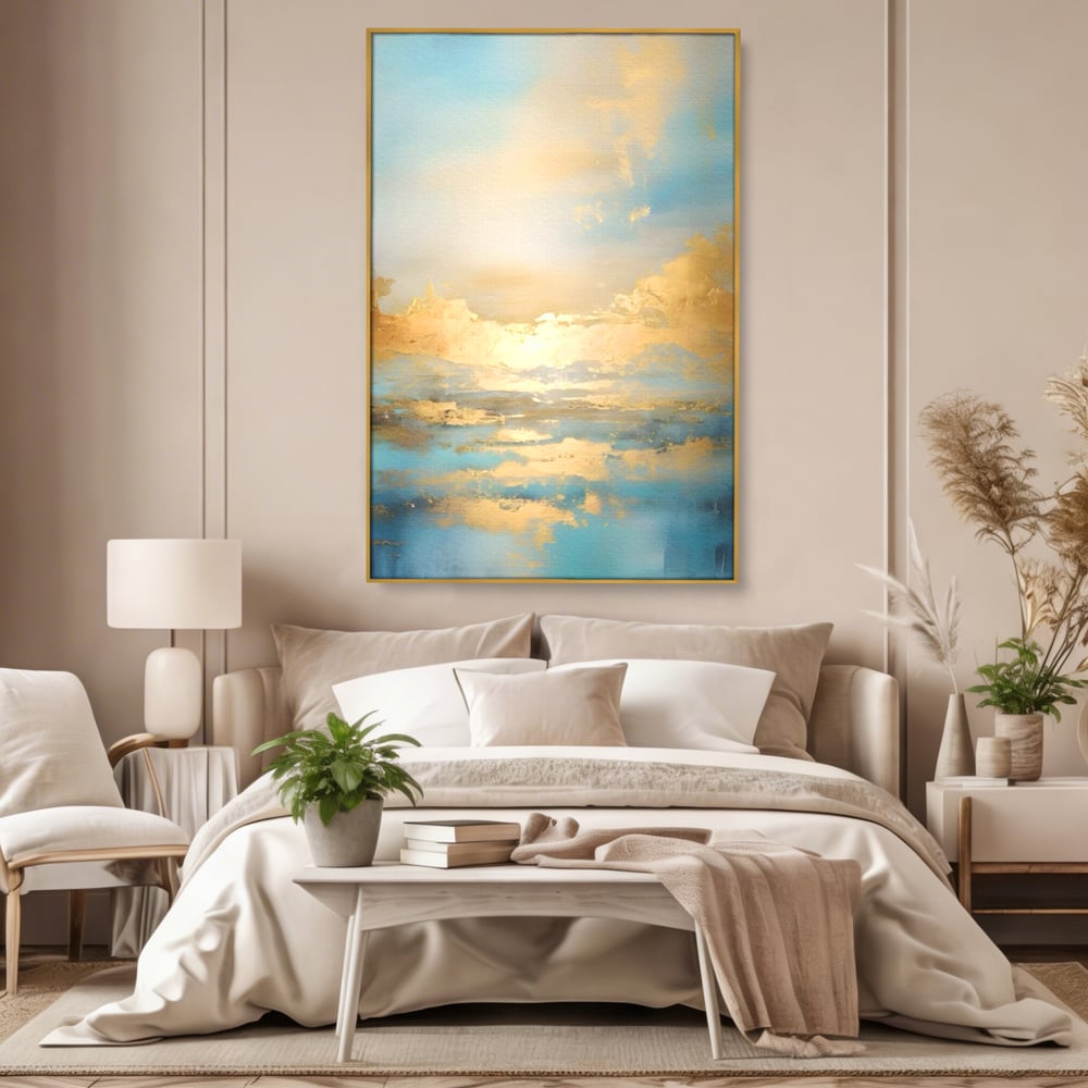 Tablou canvas cu tablou canvas cu peisaj marin abstract, in rama de aluminiu auriu, pe perete intr-un dormitor