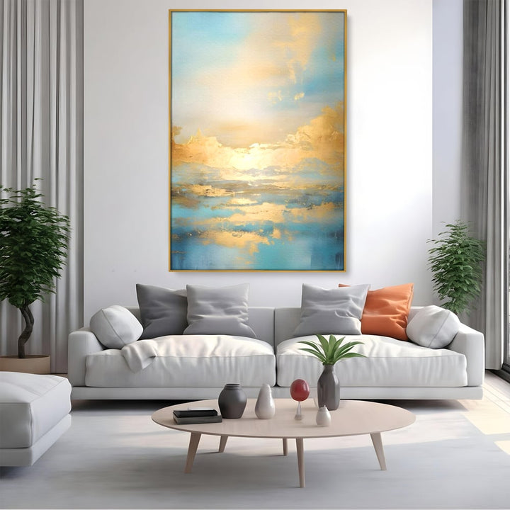Tablou canvas cu tablou canvas cu peisaj marin abstract, in rama de aluminiu auriu, pe perete intr-un living