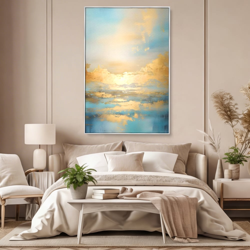 Tablou canvas cu tablou canvas cu peisaj marin abstract, in rama de aluminiu argintiu, pe perete intr-un dormitor