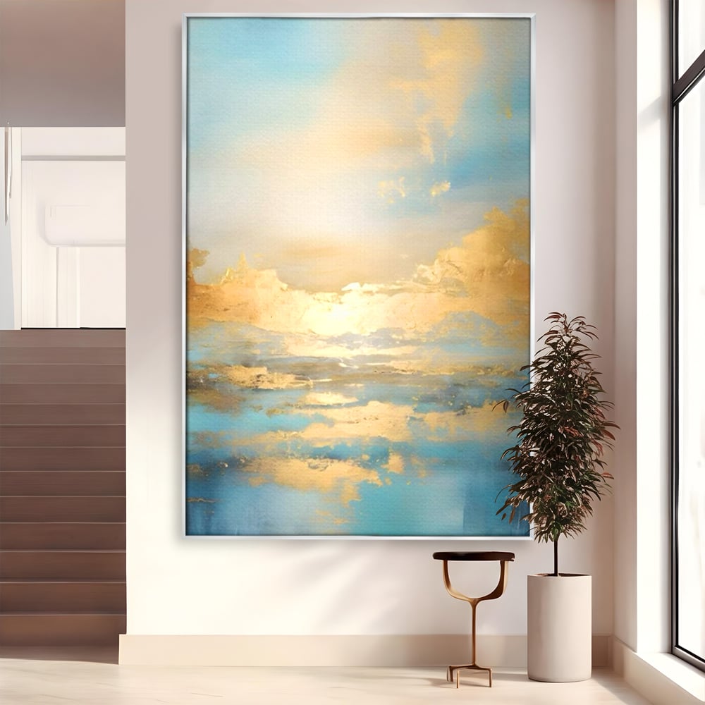 Tablou canvas cu tablou canvas cu peisaj marin abstract, in rama de aluminiu argintiu