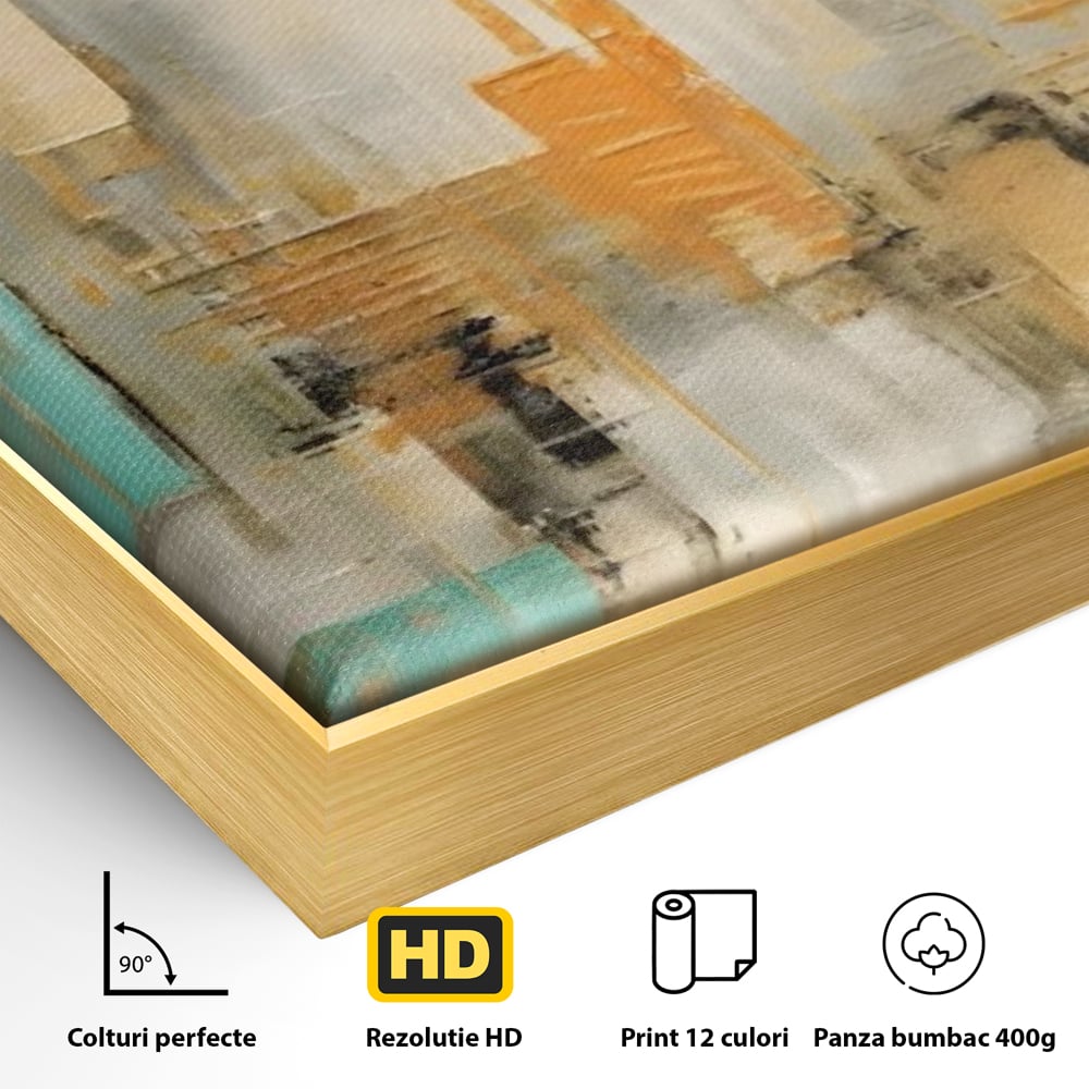 Detaliu al suprafetei: pictura abstracta cu peisaj urban, in rama de aluminiu auriu