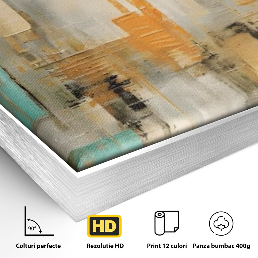 Detaliu al suprafetei: pictura abstracta cu peisaj urban, in rama de aluminiu argintiu