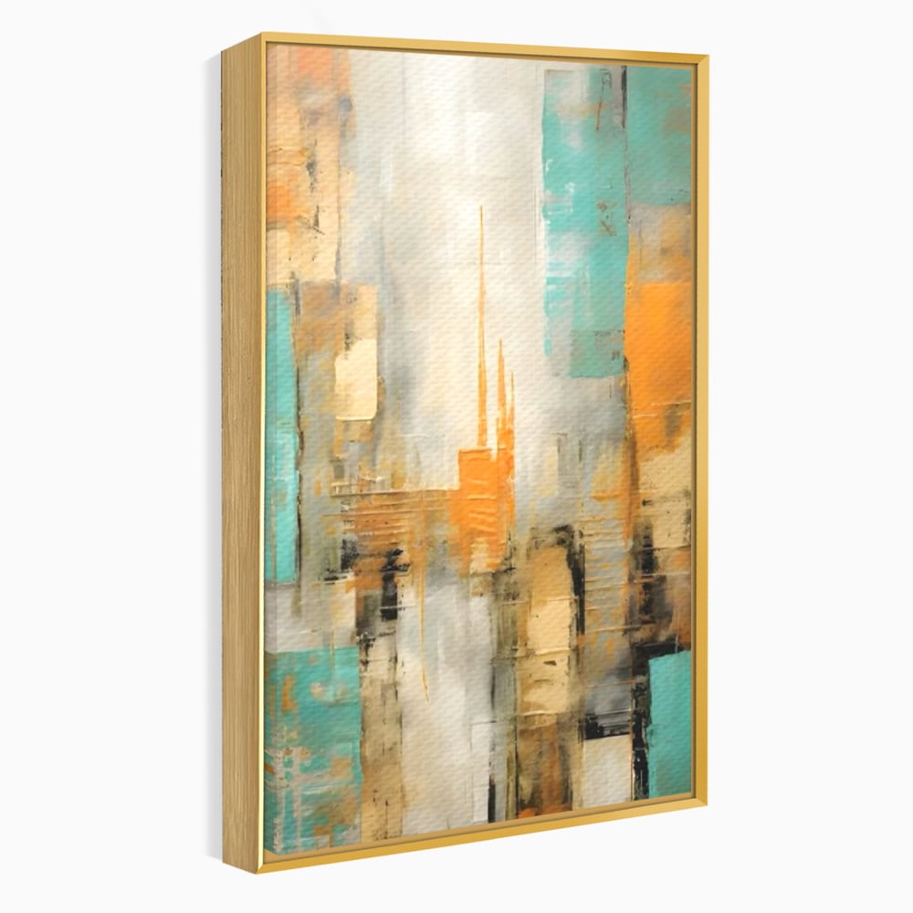 Tablou canvas cu pictura abstracta cu peisaj urban, in rama de aluminiu auriu