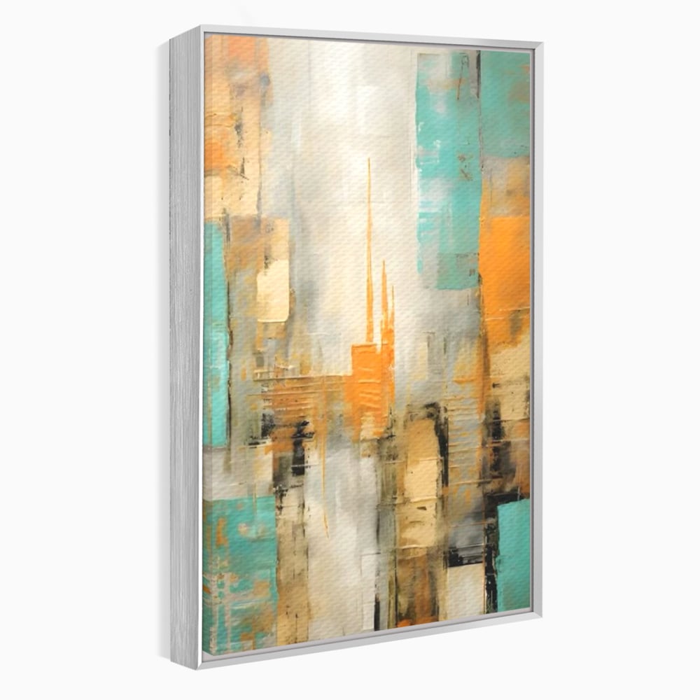 Tablou canvas cu pictura abstracta cu peisaj urban, in rama de aluminiu argintiu