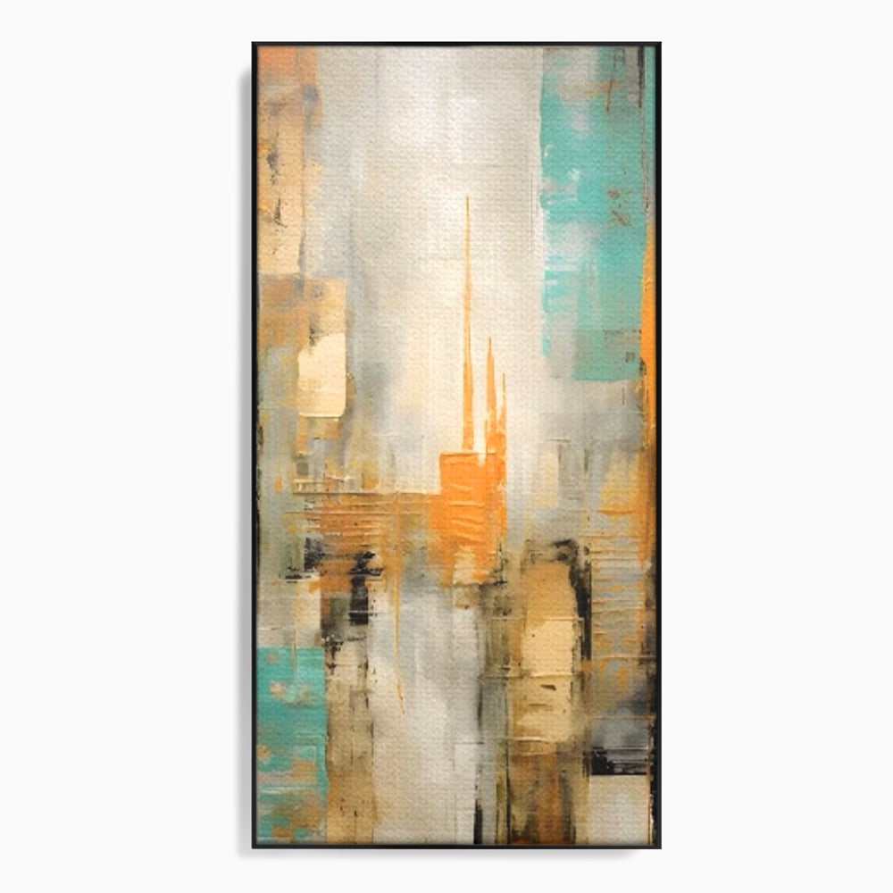 Tablou canvas cu pictura abstracta cu peisaj urban, in rama de aluminiu negru