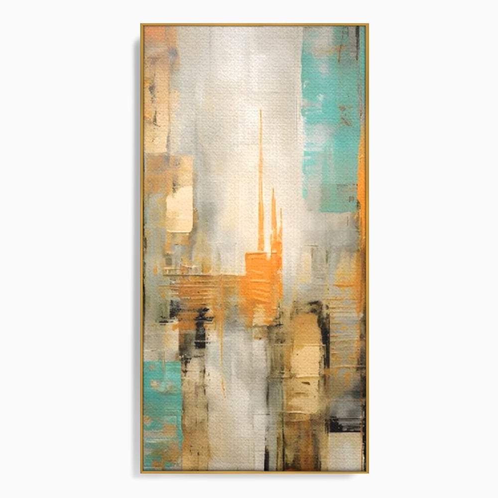Tablou canvas cu pictura abstracta cu peisaj urban, in rama de aluminiu auriu