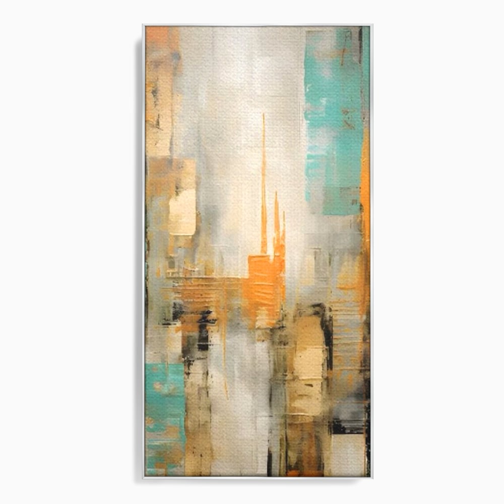 Tablou canvas cu pictura abstracta cu peisaj urban, in rama de aluminiu argintiu