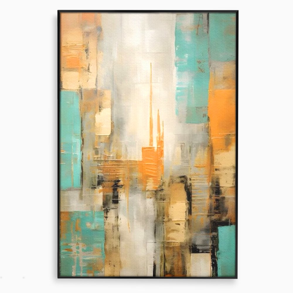 Tablou canvas cu pictura abstracta cu peisaj urban, in rama de aluminiu negru