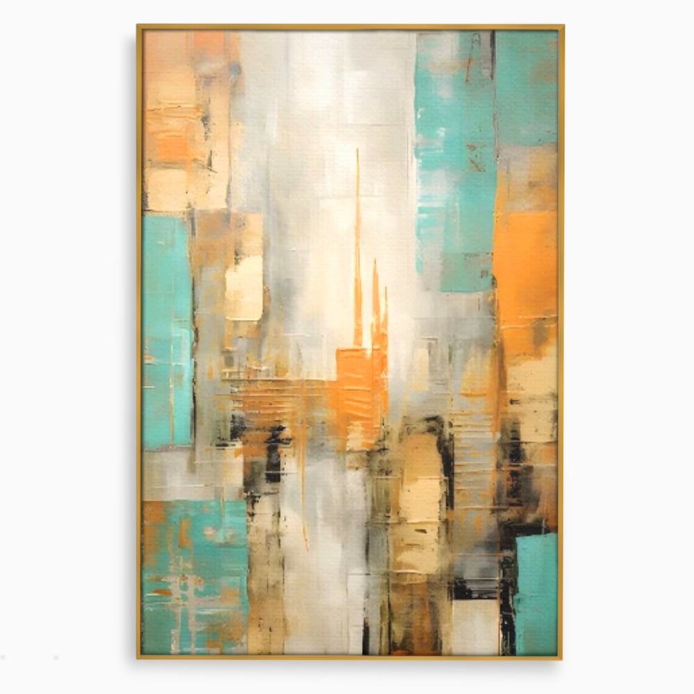 Tablou canvas cu pictura abstracta cu peisaj urban, in rama de aluminiu auriu
