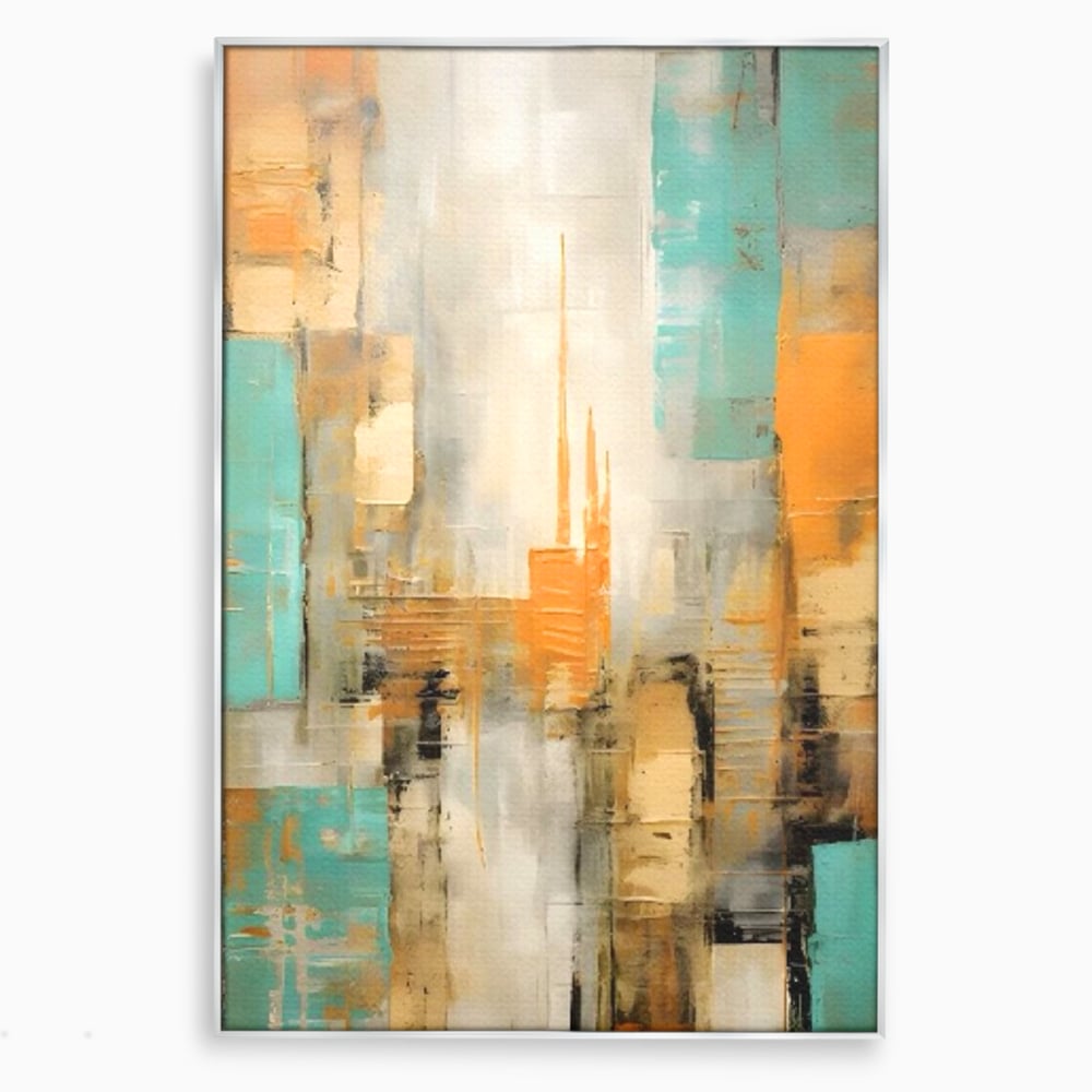 Tablou canvas cu pictura abstracta cu peisaj urban, in rama de aluminiu argintiu