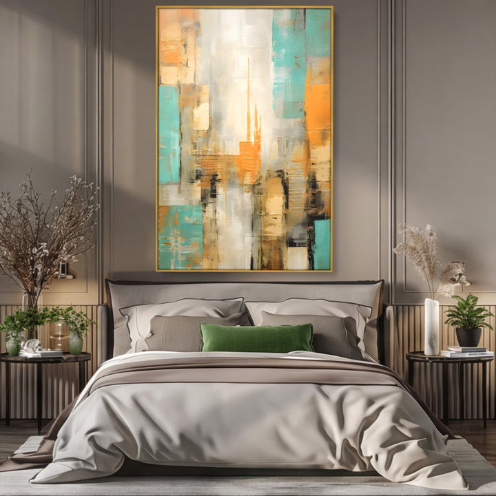Tablou canvas cu pictura abstracta cu peisaj urban, in rama de aluminiu auriu, pe perete intr-un dormitor