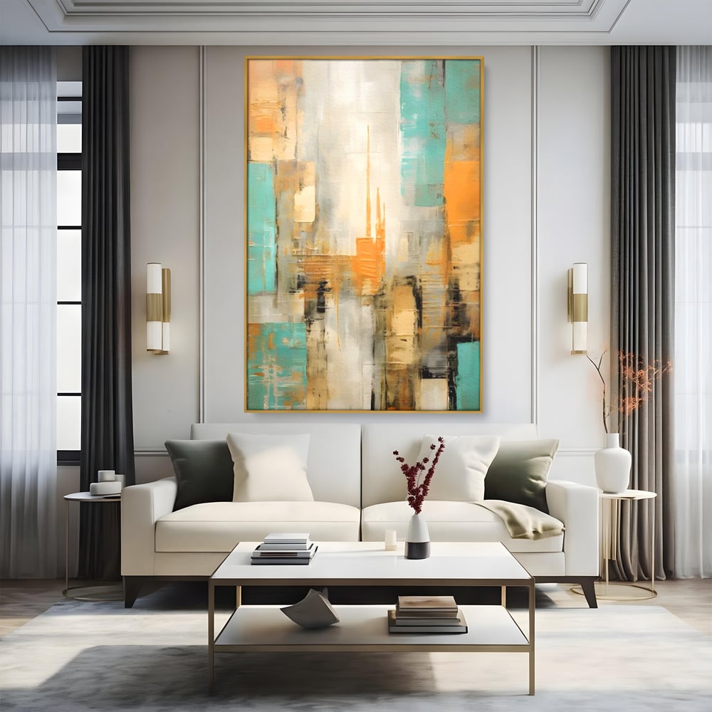 Tablou canvas cu pictura abstracta cu peisaj urban, in rama de aluminiu auriu, pe perete intr-un living