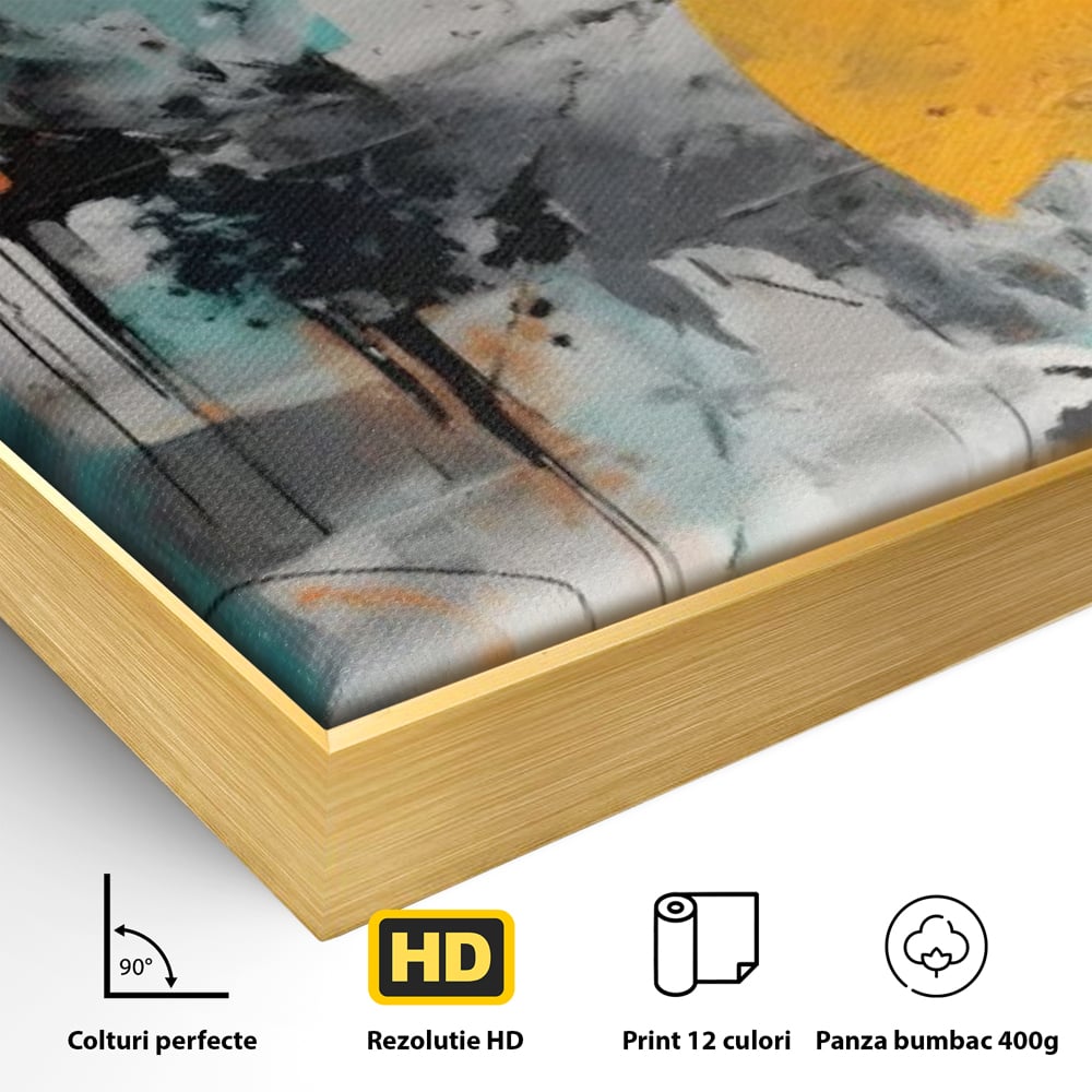 Detaliu al suprafetei: tablou abstract cu discuri solare portocalii, in rama de aluminiu auriu