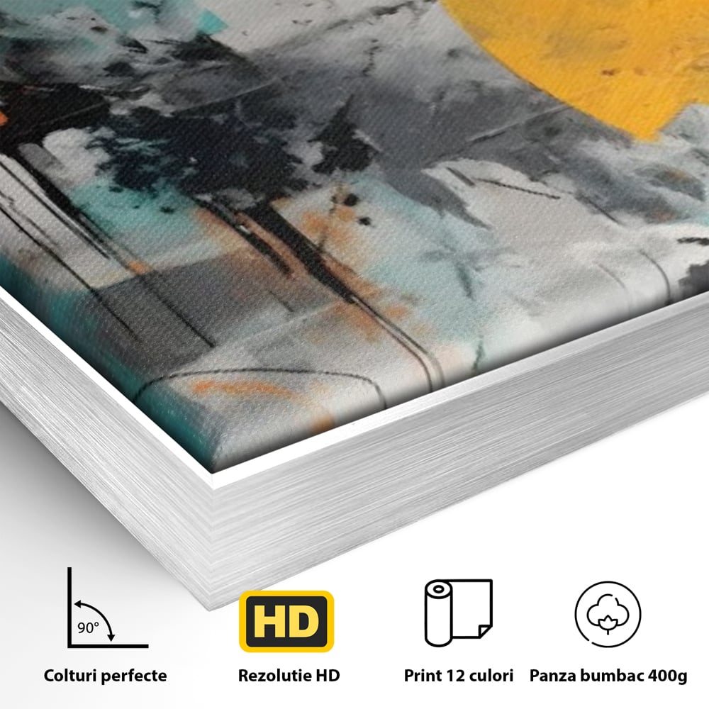 Detaliu al suprafetei: tablou abstract cu discuri solare portocalii, in rama de aluminiu argintiu