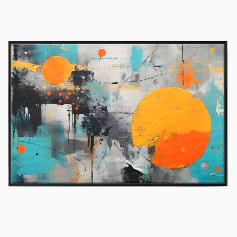 Tablou canvas cu tablou abstract cu discuri solare portocalii, in rama de aluminiu negru
