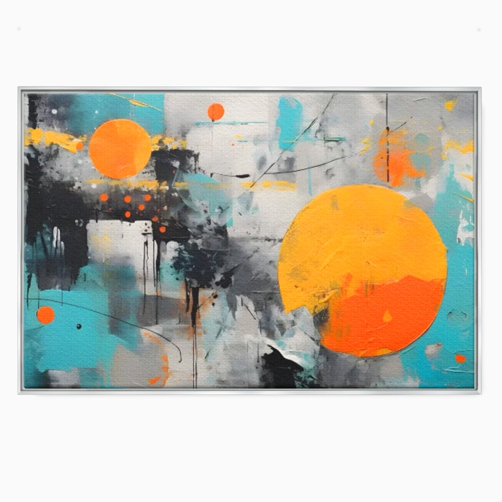Tablou canvas cu tablou abstract cu discuri solare portocalii, in rama de aluminiu argintiu