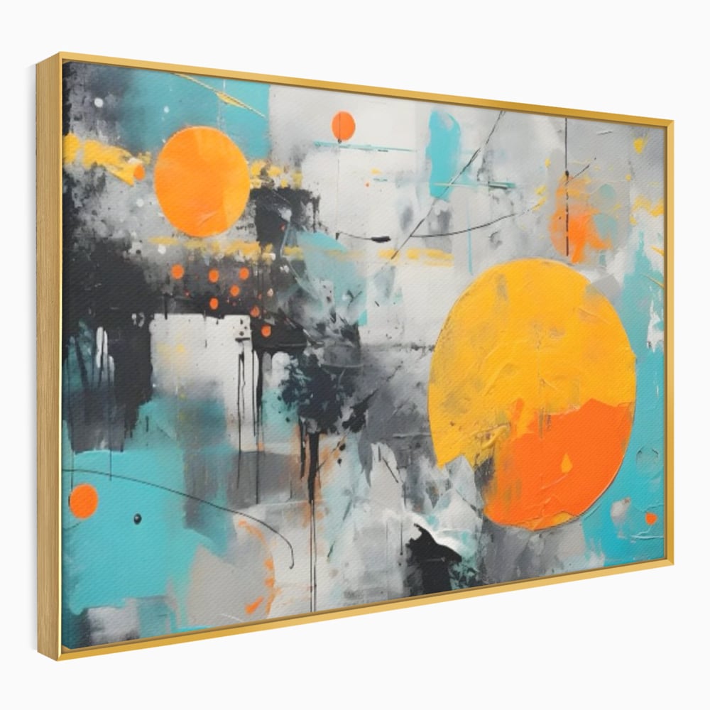 Tablou canvas cu tablou abstract cu discuri solare portocalii, in rama de aluminiu auriu