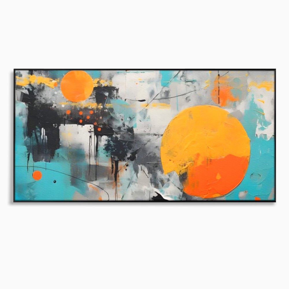 Tablou canvas cu tablou abstract cu discuri solare portocalii, in rama de aluminiu negru