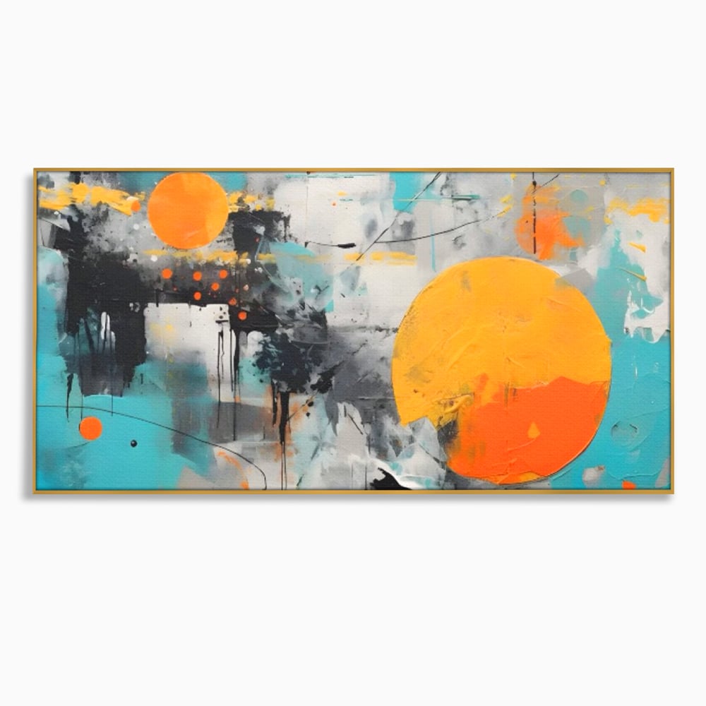 Tablou canvas cu tablou abstract cu discuri solare portocalii, in rama de aluminiu auriu