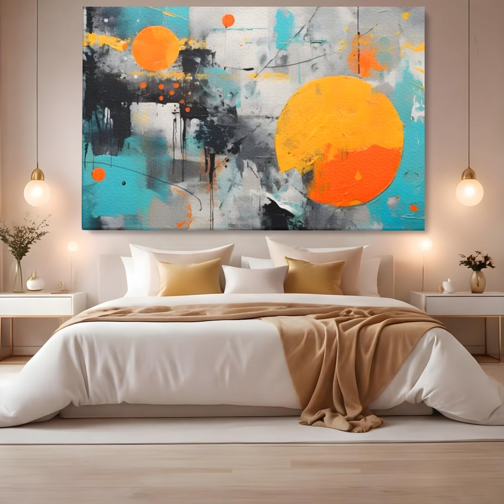 Tablou canvas cu tablou abstract cu discuri solare portocalii, fara rama, pe sasiu de lemn, pe perete intr-un dormitor