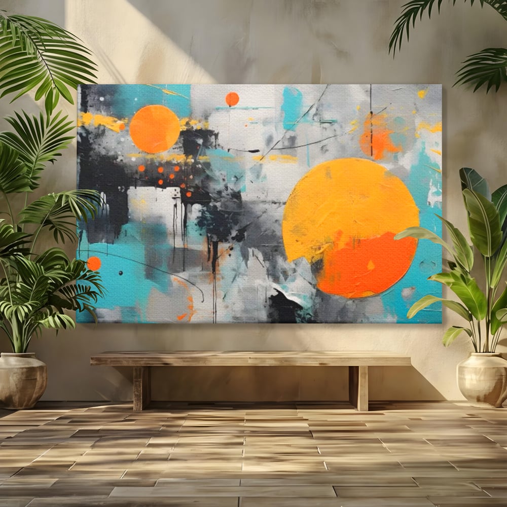 Tablou canvas cu tablou abstract cu discuri solare portocalii, fara rama, pe sasiu de lemn