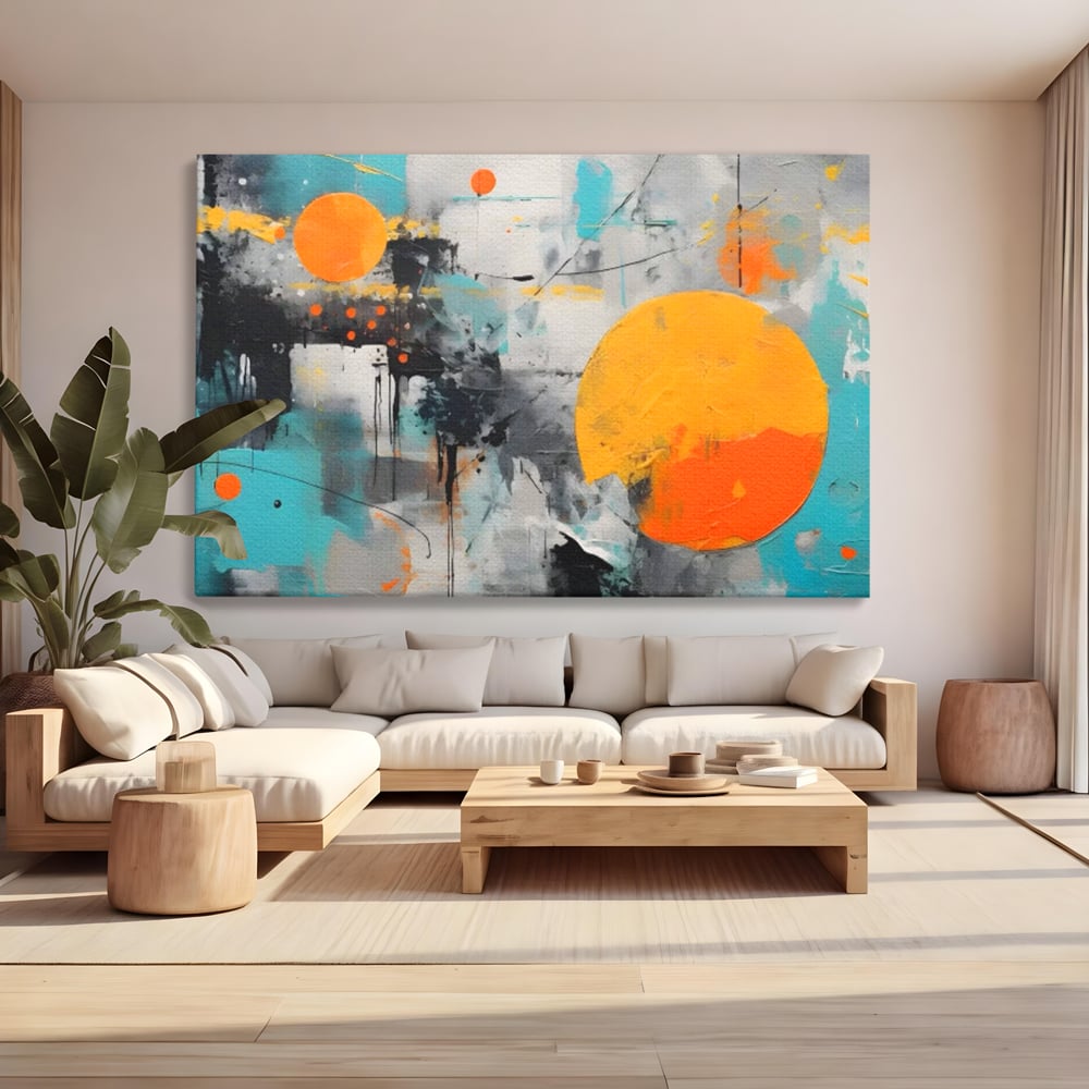 Tablou canvas cu tablou abstract cu discuri solare portocalii, fara rama, pe sasiu de lemn, pe perete intr-un living