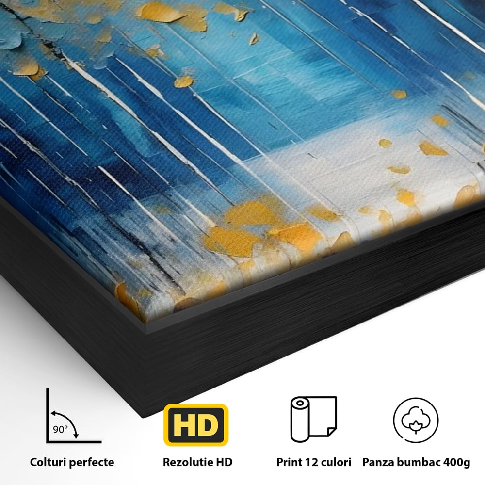Detaliu al suprafetei: pictura abstracta cu frunze si copaci, in rama de aluminiu negru
