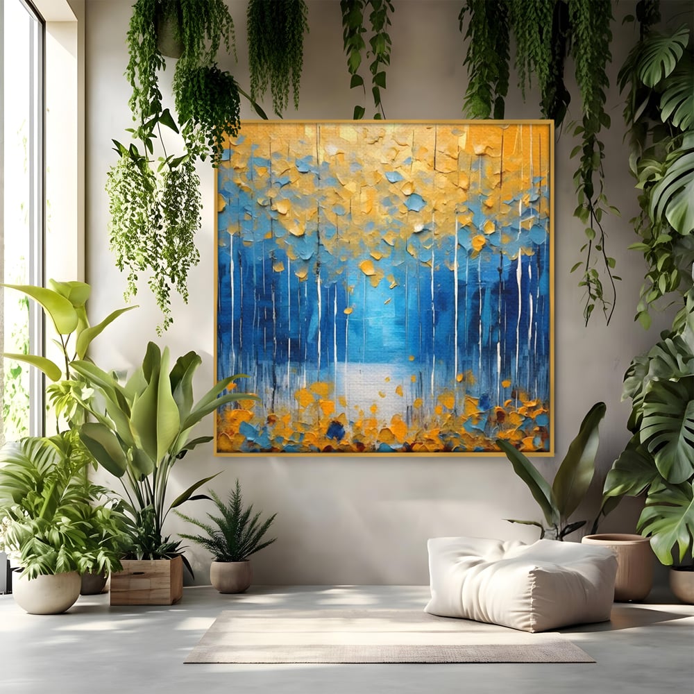 Tablou canvas cu pictura abstracta cu frunze si copaci, in rama de aluminiu auriu