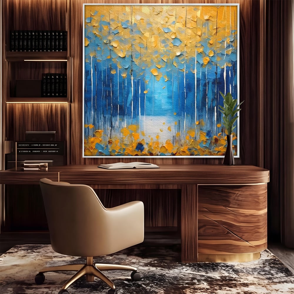 Tablou canvas cu pictura abstracta cu frunze si copaci, in rama de aluminiu argintiu, pe perete intr-un birou