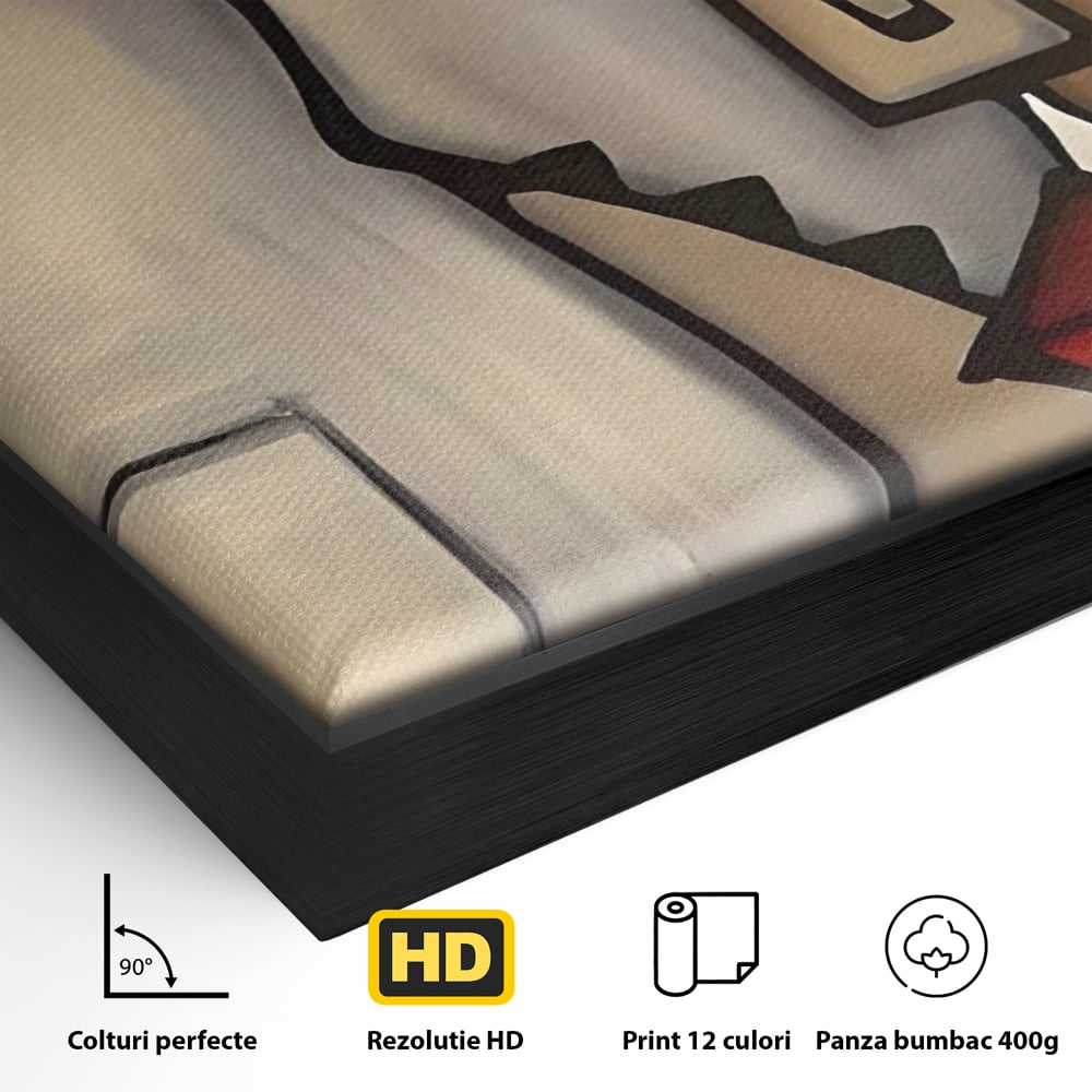 Detaliu al suprafetei: tablou canvas cu portret cubist, in rama de aluminiu negru