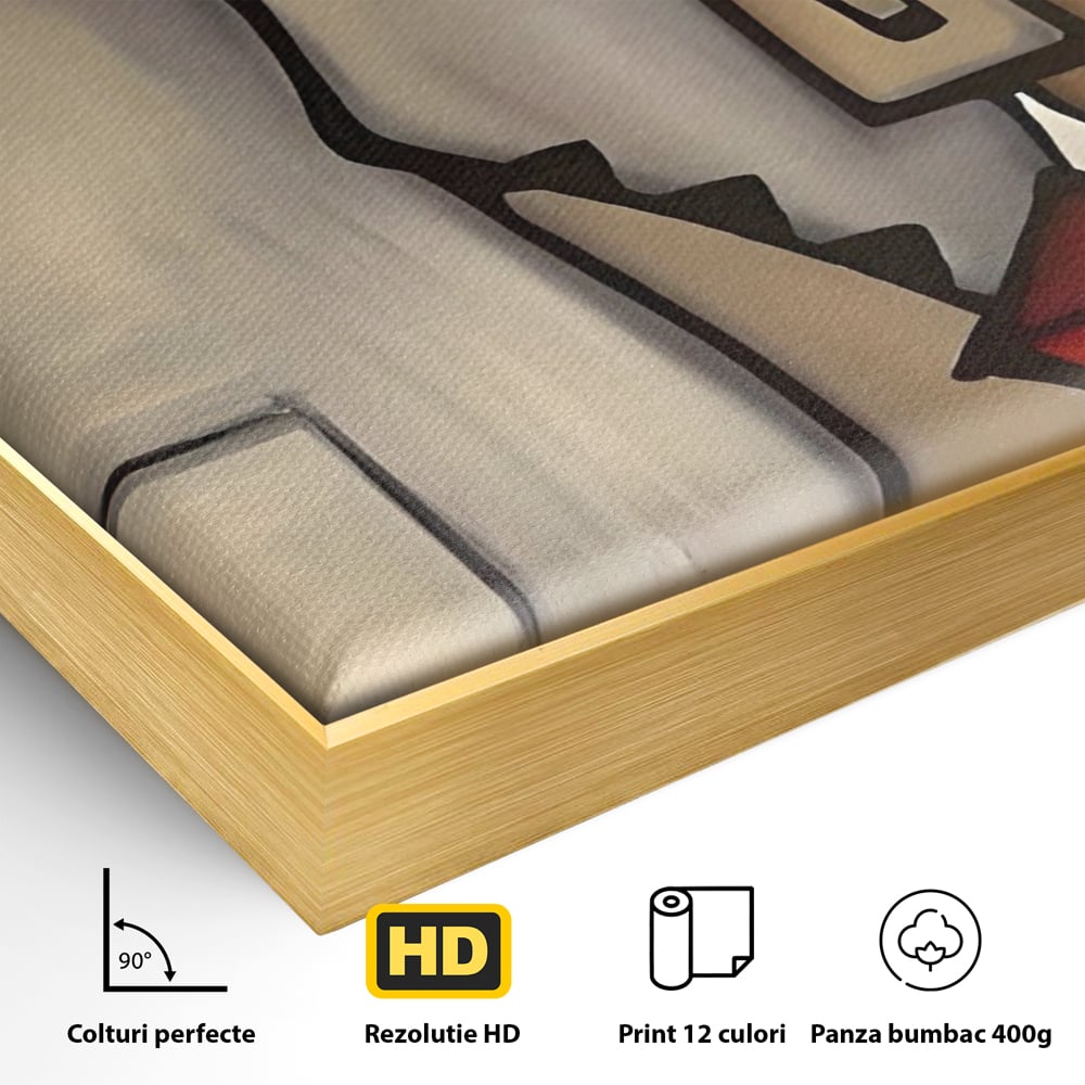 Detaliu al suprafetei: tablou canvas cu portret cubist, in rama de aluminiu auriu