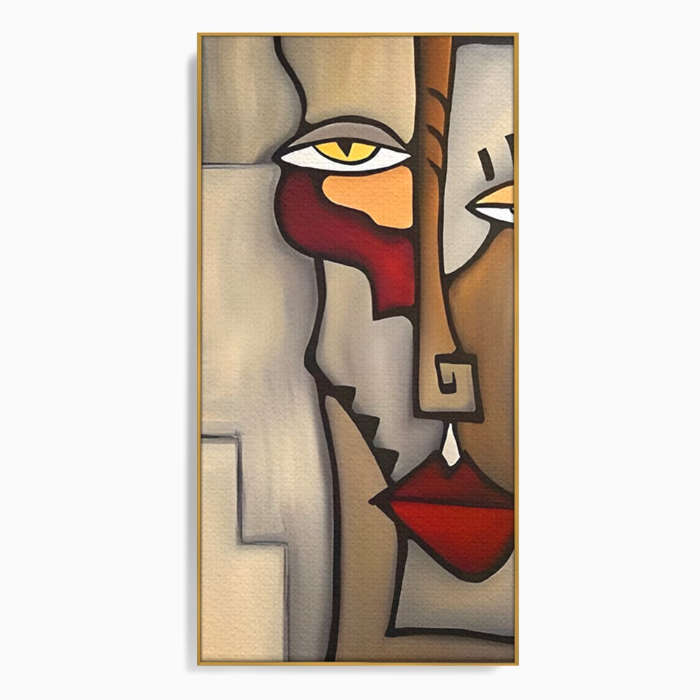 Tablou canvas cu tablou canvas cu portret cubist, in rama de aluminiu auriu